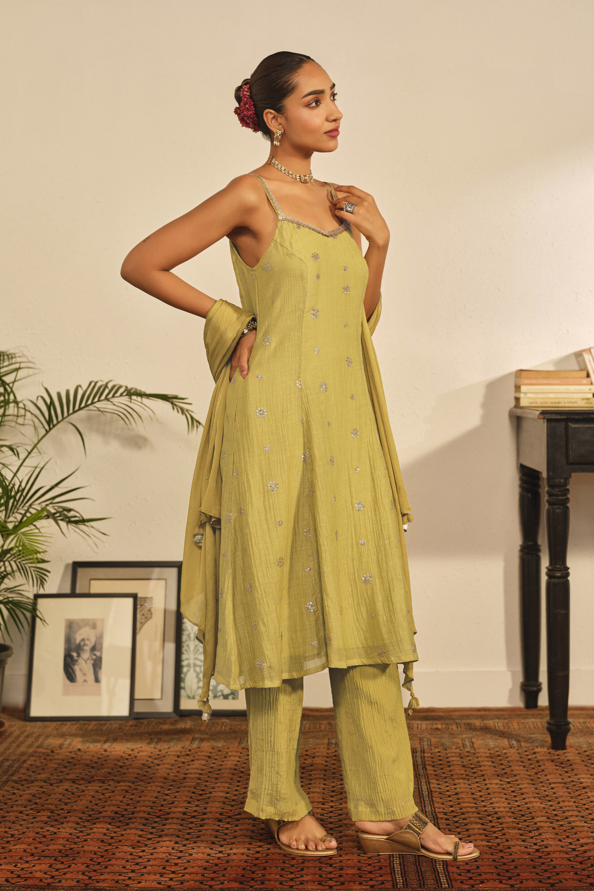 A-line Embroidered Kurta Set in Lime, Lime Green, image 2